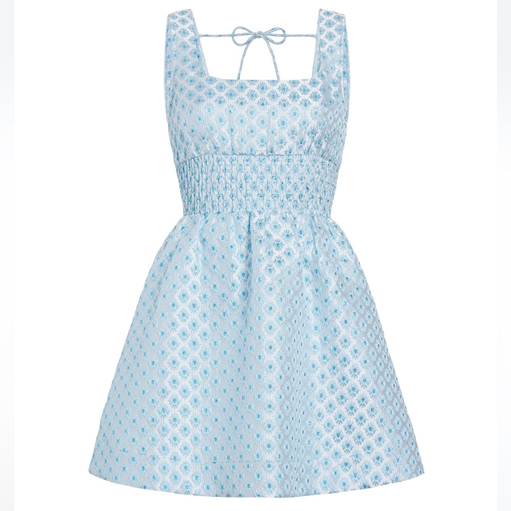 Hill House the Cher Mini nap Dress blue Snowflake holiday festive Brocade